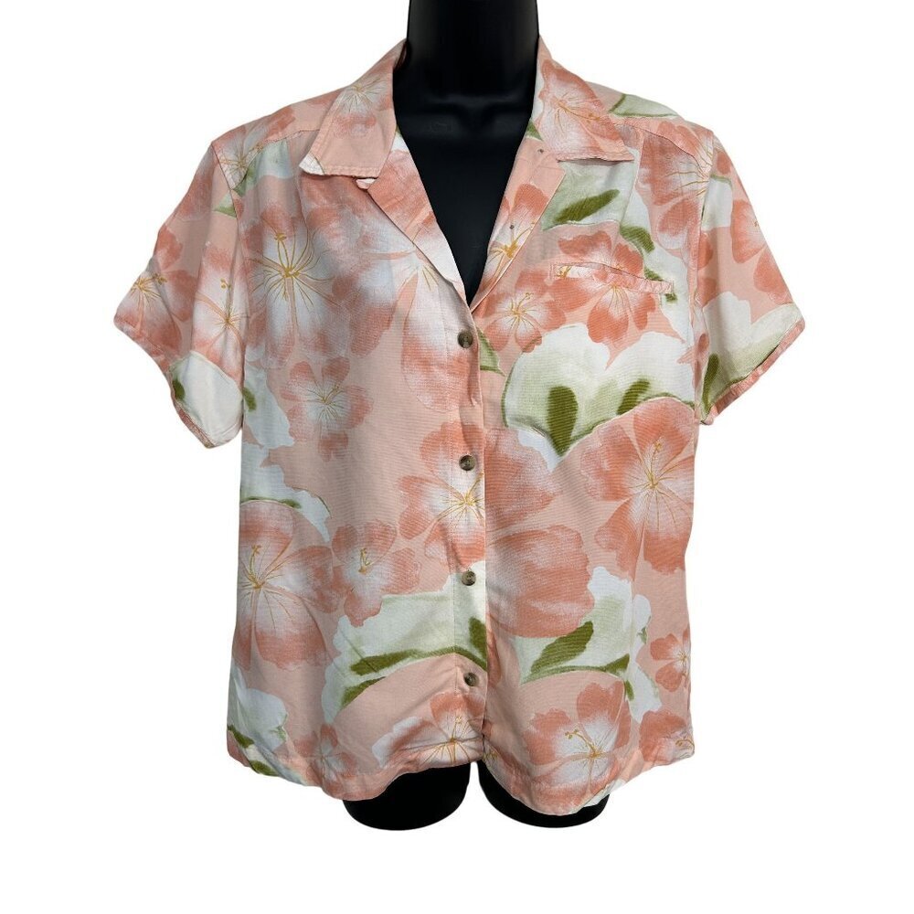 Vintage Columbia GRT Linen Blend Pink FLoral Button-up Top Size L